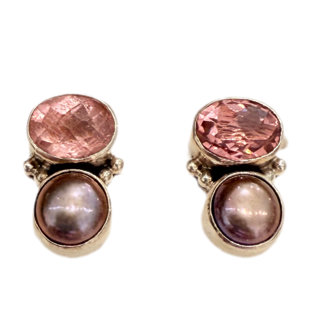 33462A 2 Stone, Pink Quartz Fresh Water Pearl, Sterling Silver Earrings