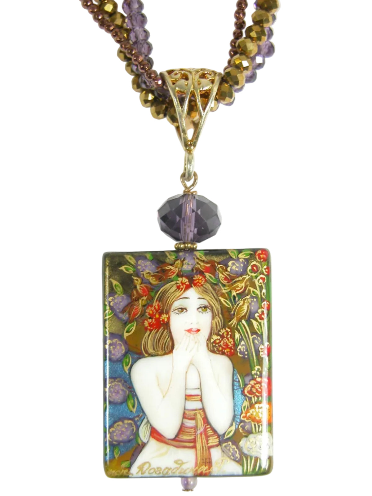 10017- Hand Painted Enameled Tile on Black Onyx, Crystal Beaded Necklace