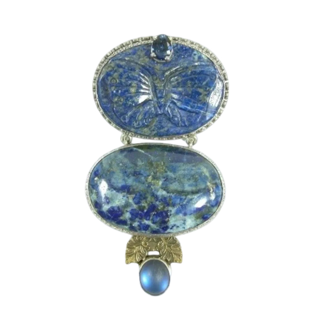 10396 Blue Lapis Carved Butterfly Sterling Silver Pin and Pendant