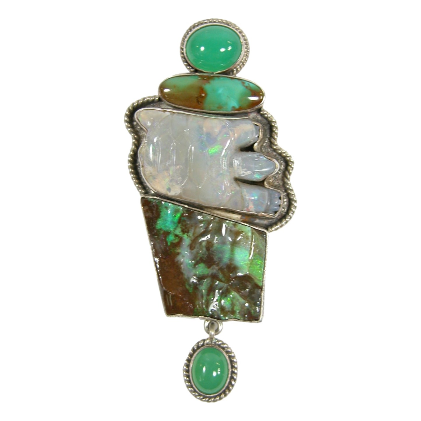 Boulder Opal, Chrysoprase, Turquoise Sterling Silver Pin Pendant
