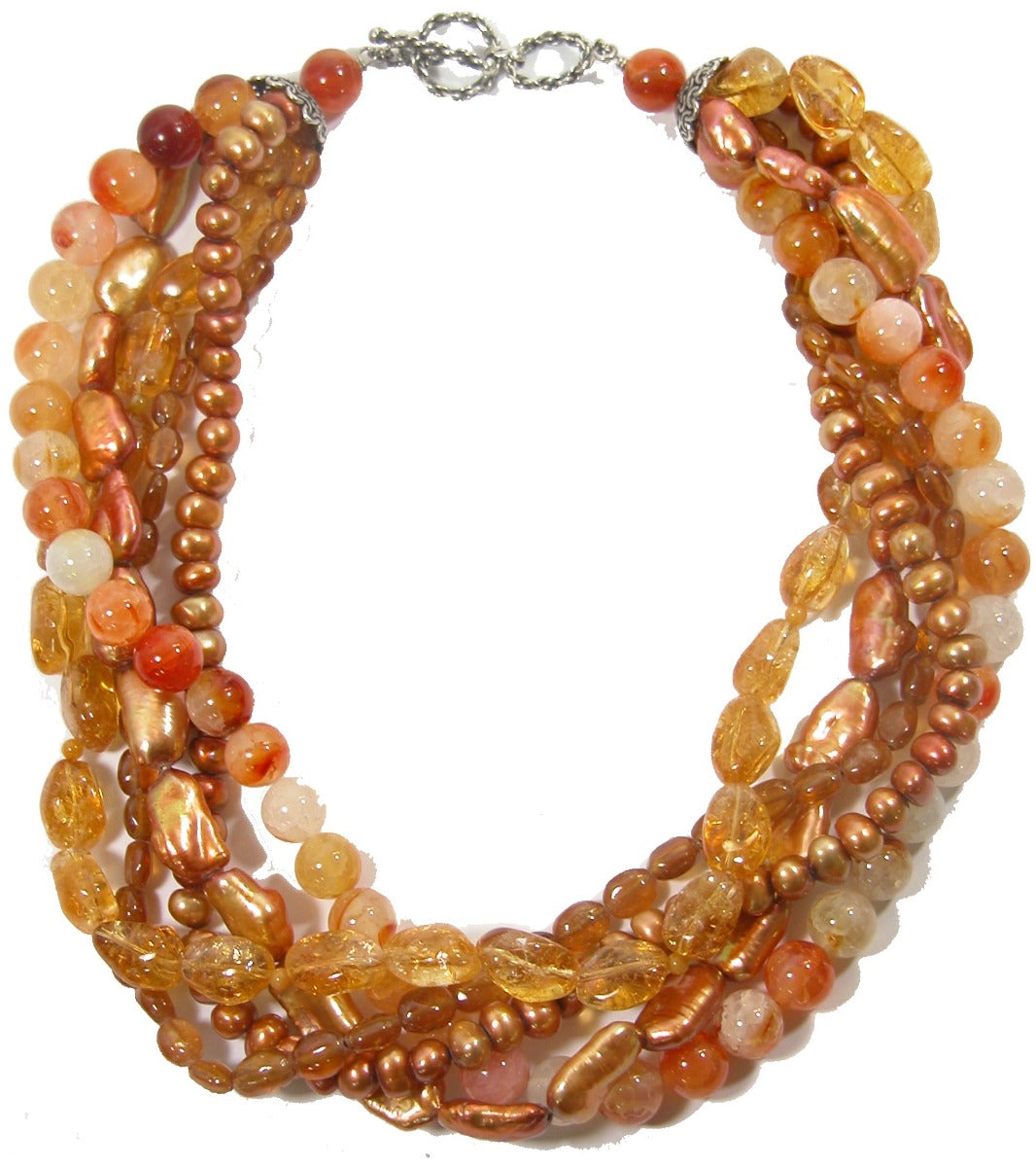 10478 Freshwater Pearl Citrine Carnelian Multi Strand Sterling Silver Necklace