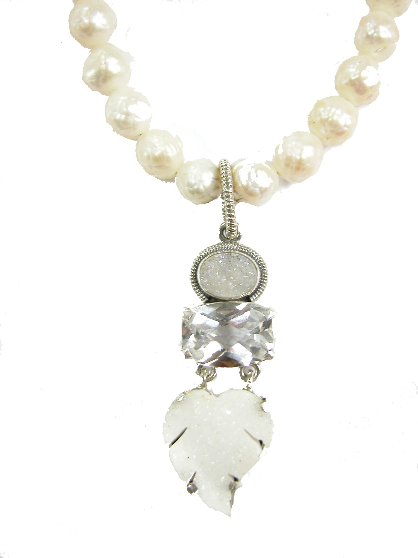 10672W Freshwater Pearl, Leaf Drusy Sterling Silver Necklace