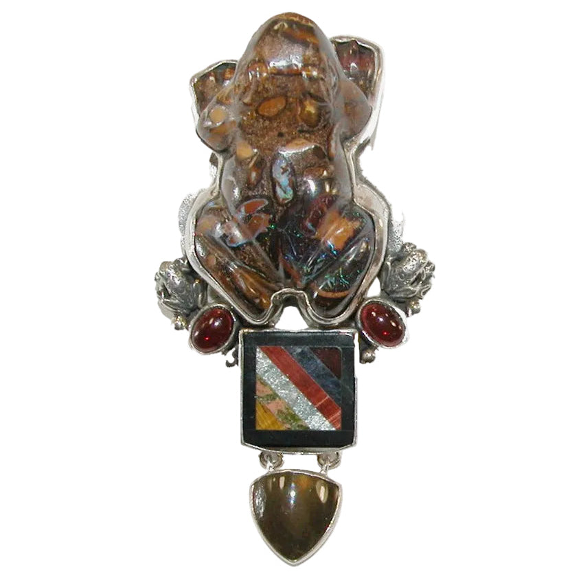10691A Hand-Carved Boulder Opal Frog Sterling Silver Pin / Pendant