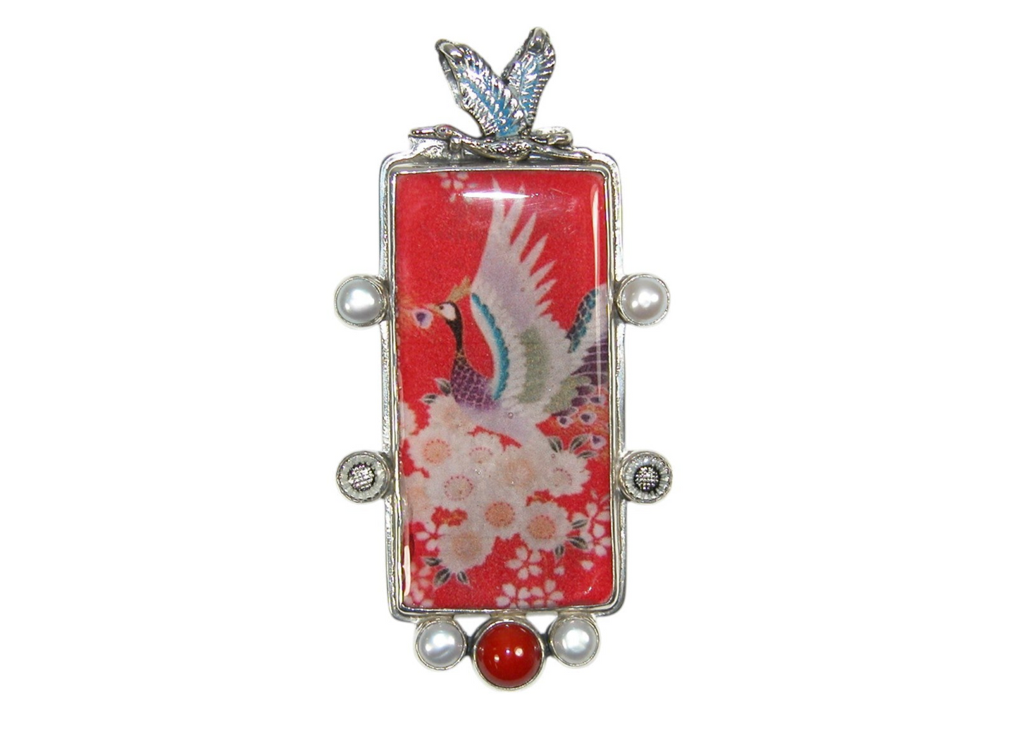 33298 Crane Tile, Coral, Pearl, Sterling Silver Pin and Pendant