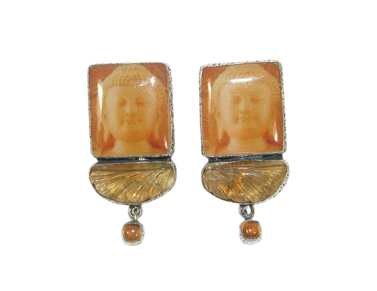 32916 Hand Enameled Buddha Tile, Citrine, Sterling Silver Earrings