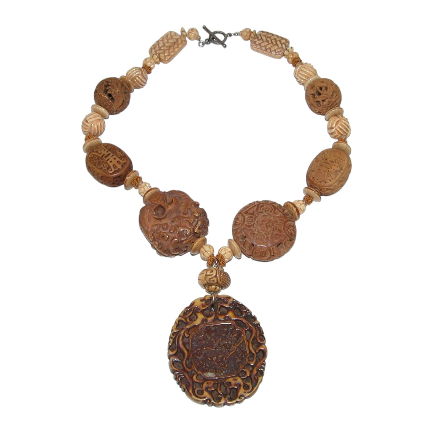 17134 Hand Carved Wooden Amulet Beaded Sterling Silver Necklace