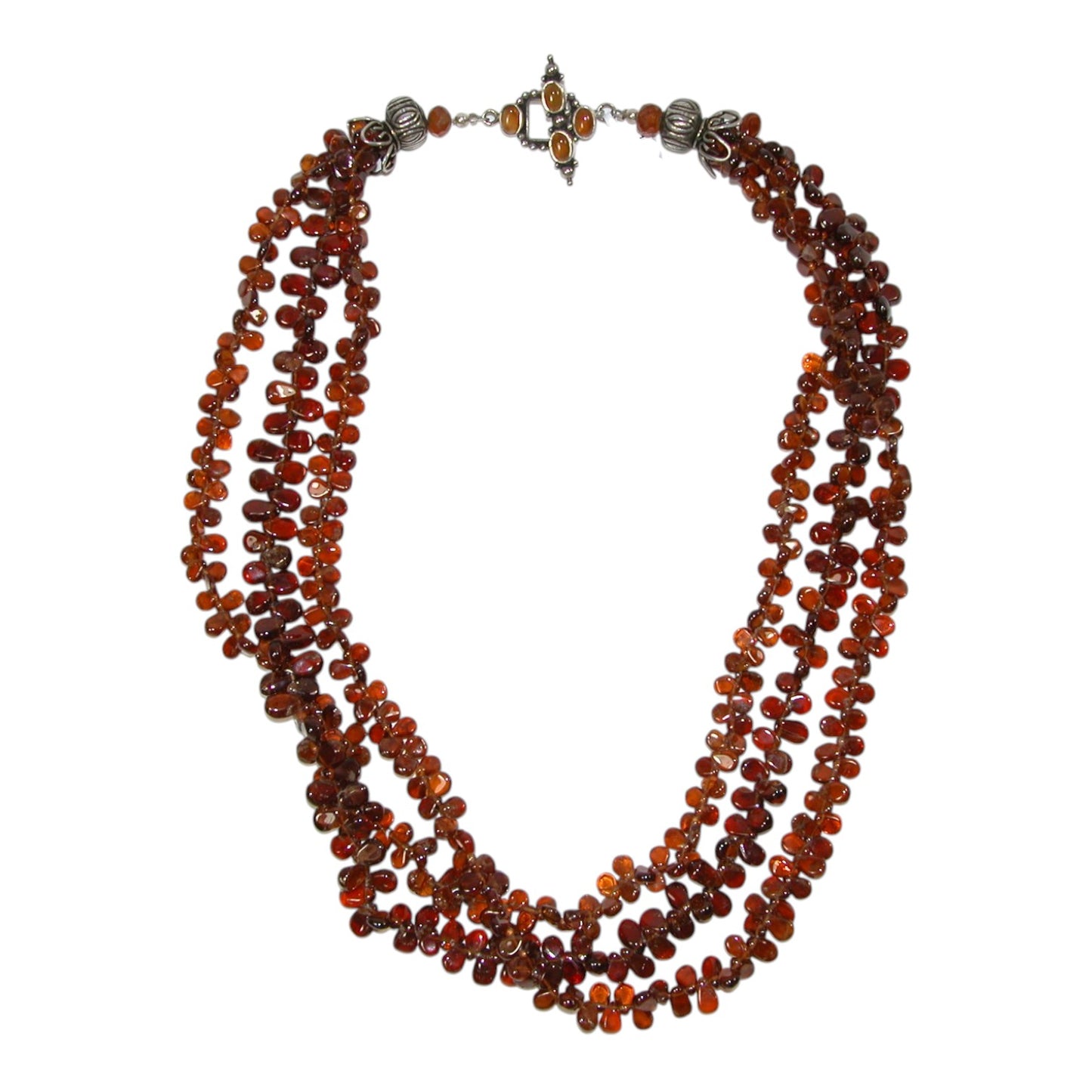 Amber, Crystal Beaded Three Strand Sterling Silver Necklace