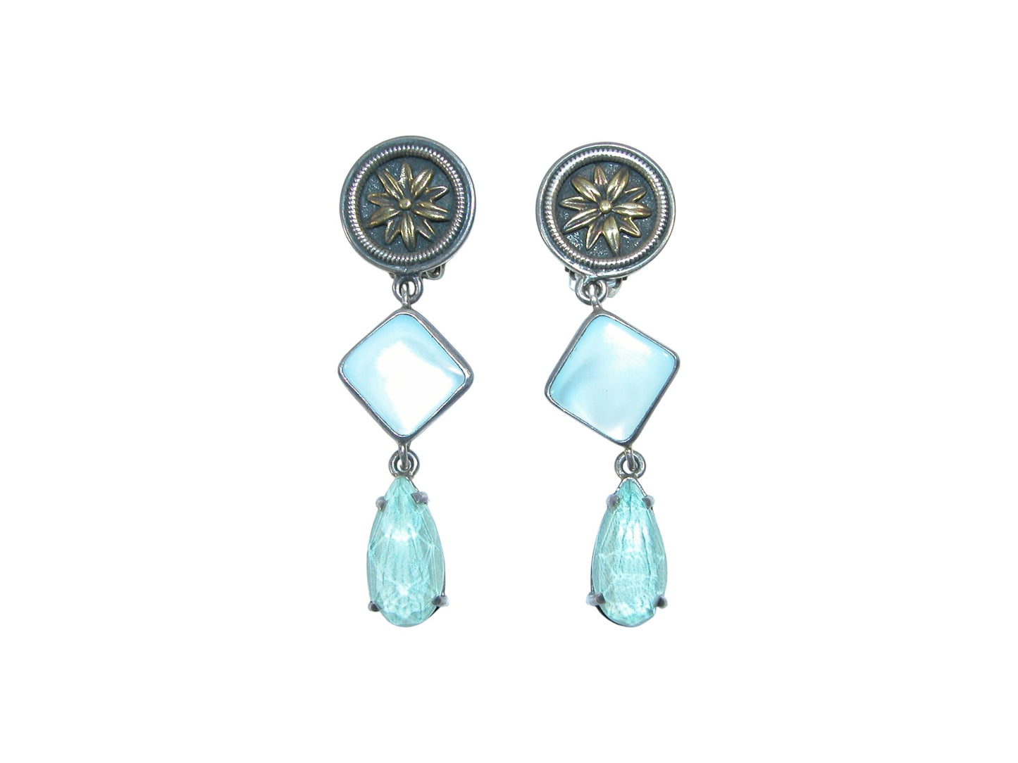 17392 Mother of Pearl, Quartz, Flower, Sterling Silver Earrings