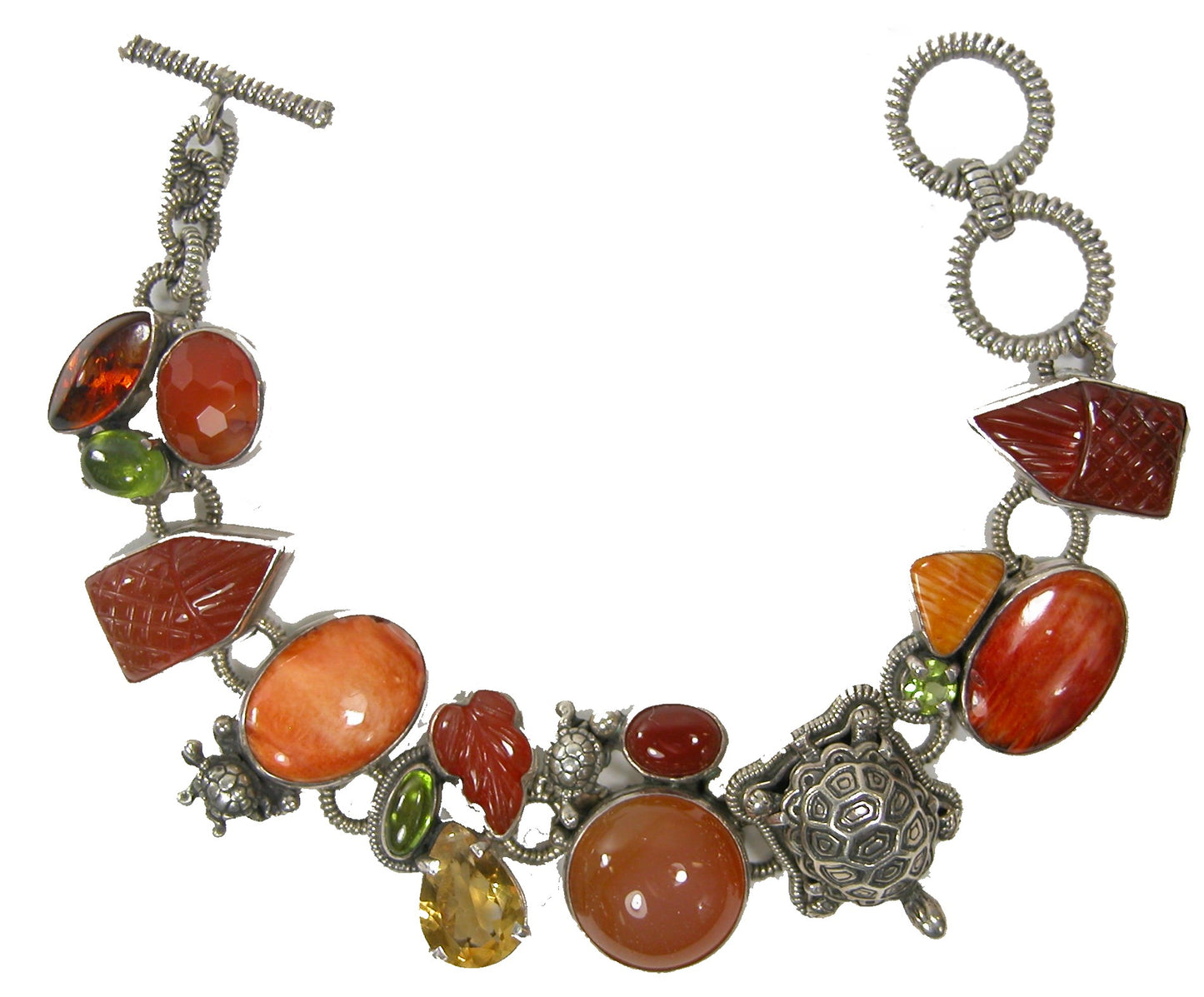 17454 Carnelian Peridot Turtle Sterling Silver Bracelet