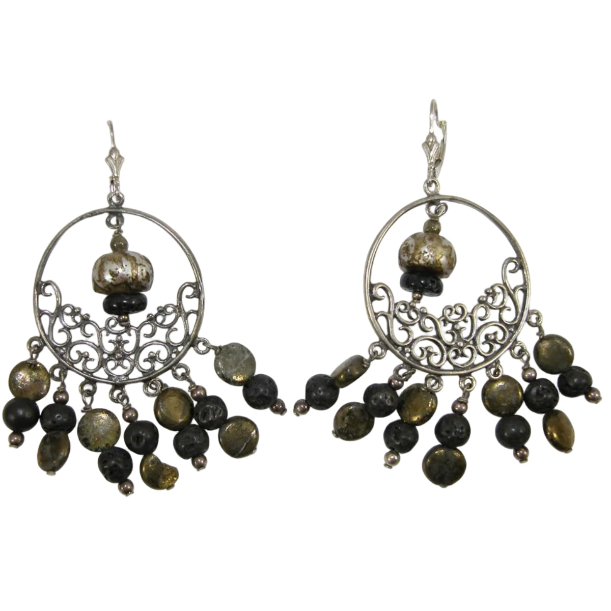 18089L Lava Stone, Pyrite, Glass Sterling Silver Earrings