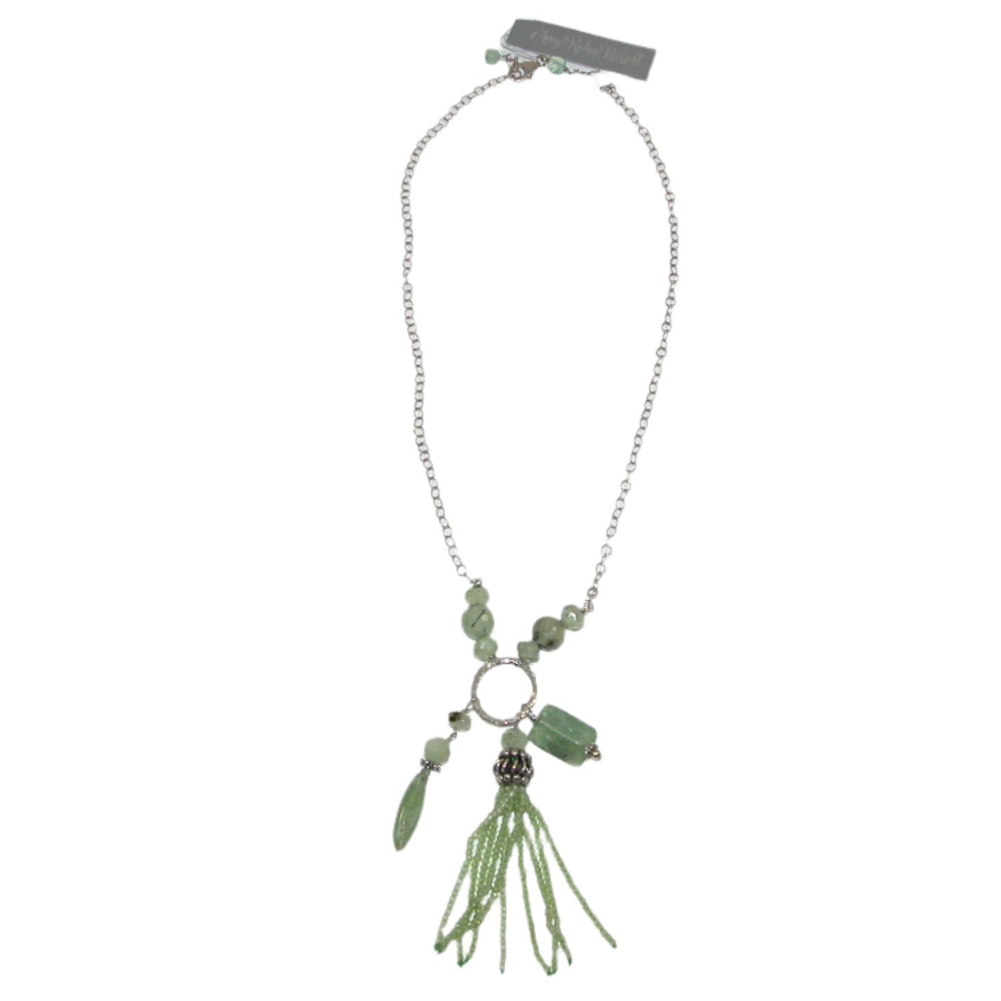 18102 Prehnite, Jade Beaded Tassel Sterling Silver Beaded Necklace
