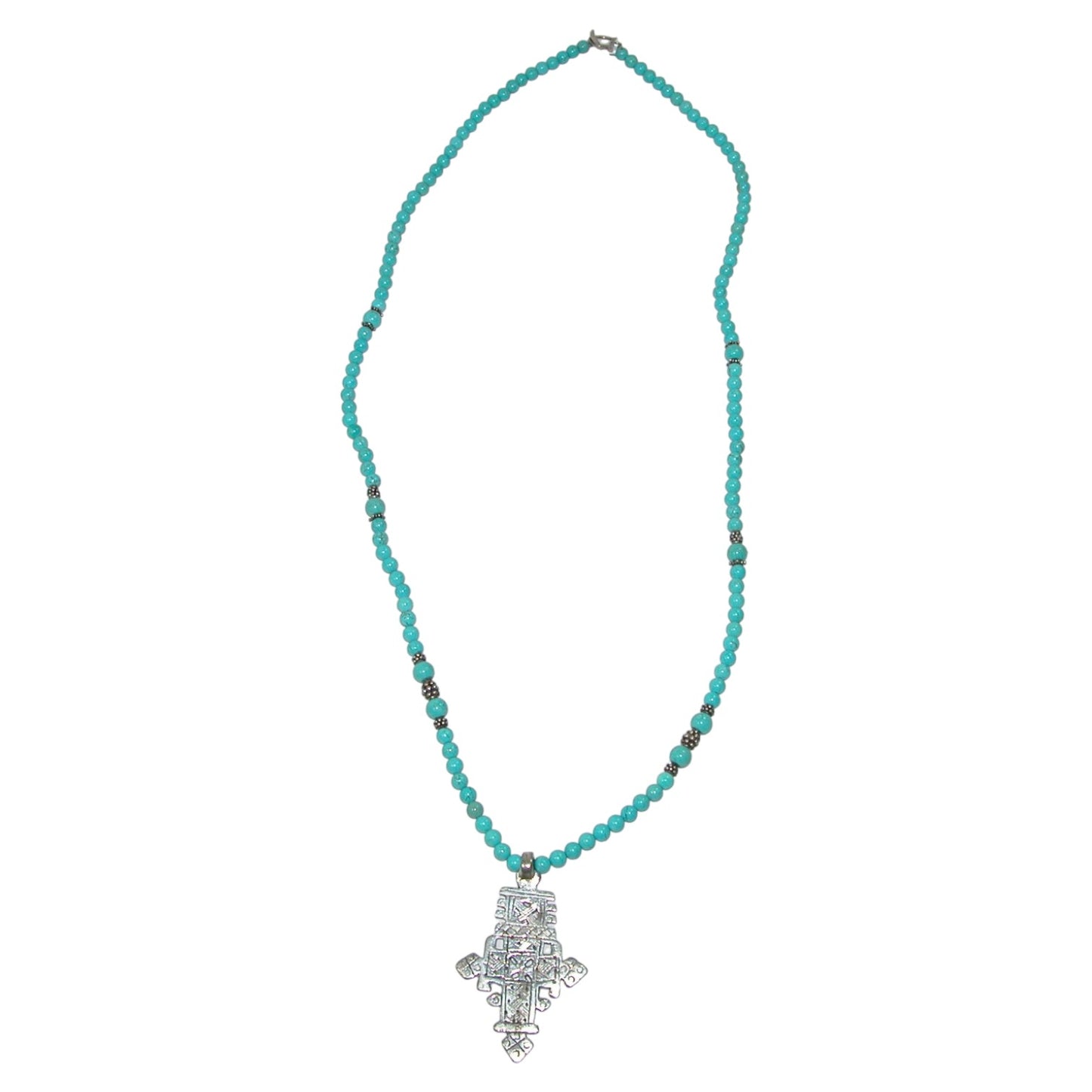 18223A Turquoise Beaded Cross Sterling Silver Necklace