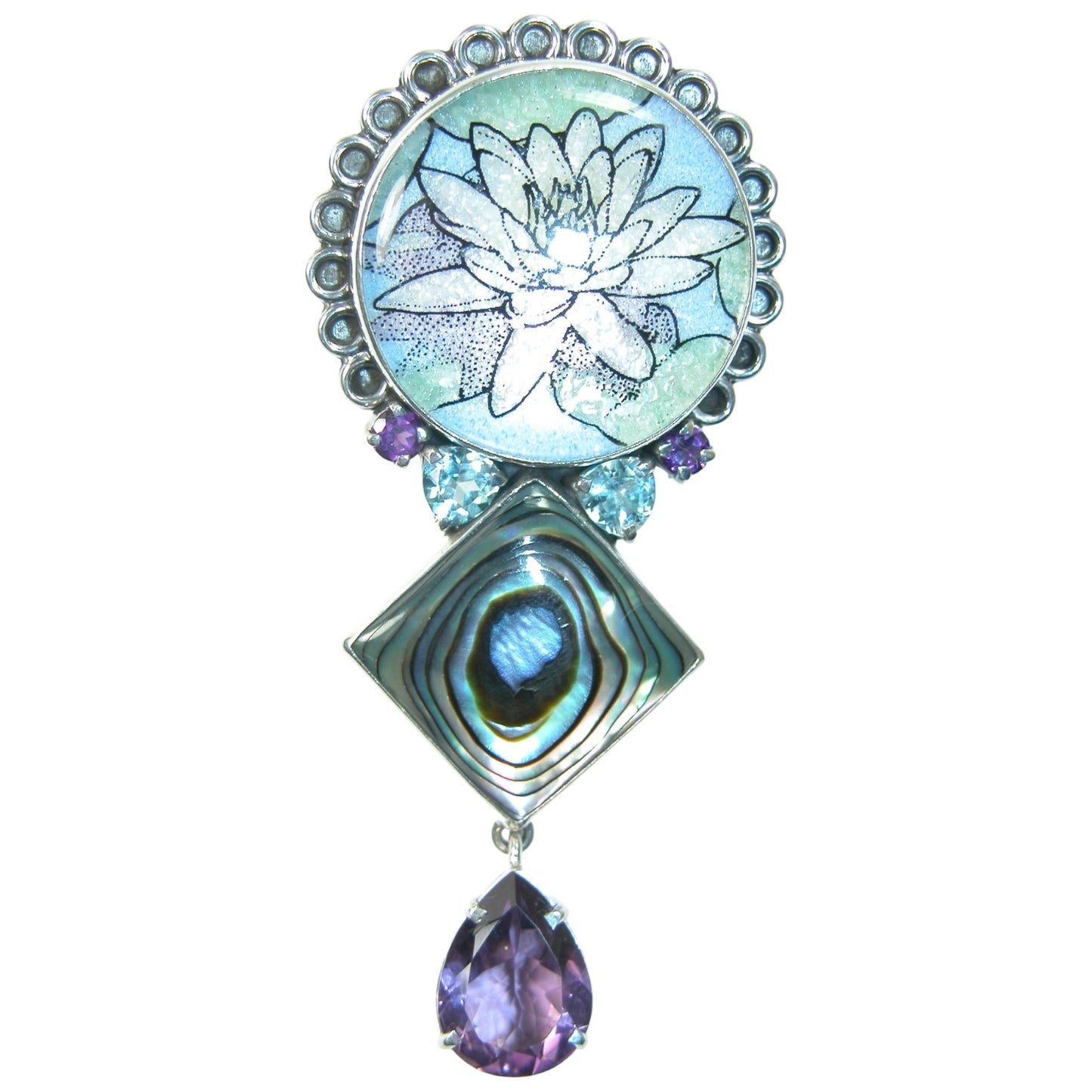 18386 Abalone, Mosaic Amethyst, Blue Topaz Sterling Silver Pin and Pendant