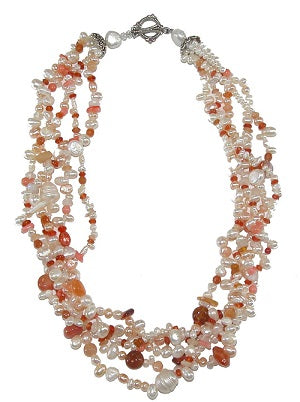 Carnelian Freshwater Pearl Multi Strand Sterling Silver Necklace