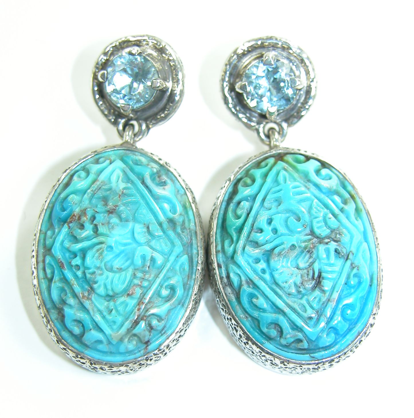 18525A Blue Topaz and Hand Carve Turquoise Sterling Silver Earrings
