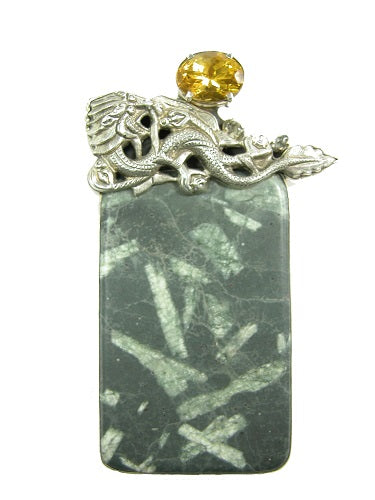 Chinese Writing Stone Citrine Sterling Silver Pin Pendant