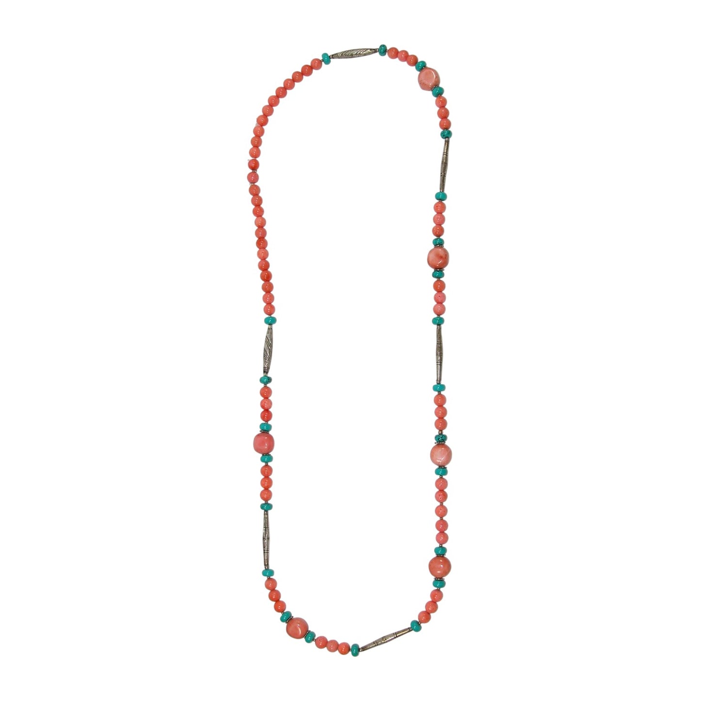 Coral, Turquoise Beaded Sterling Silver Necklace