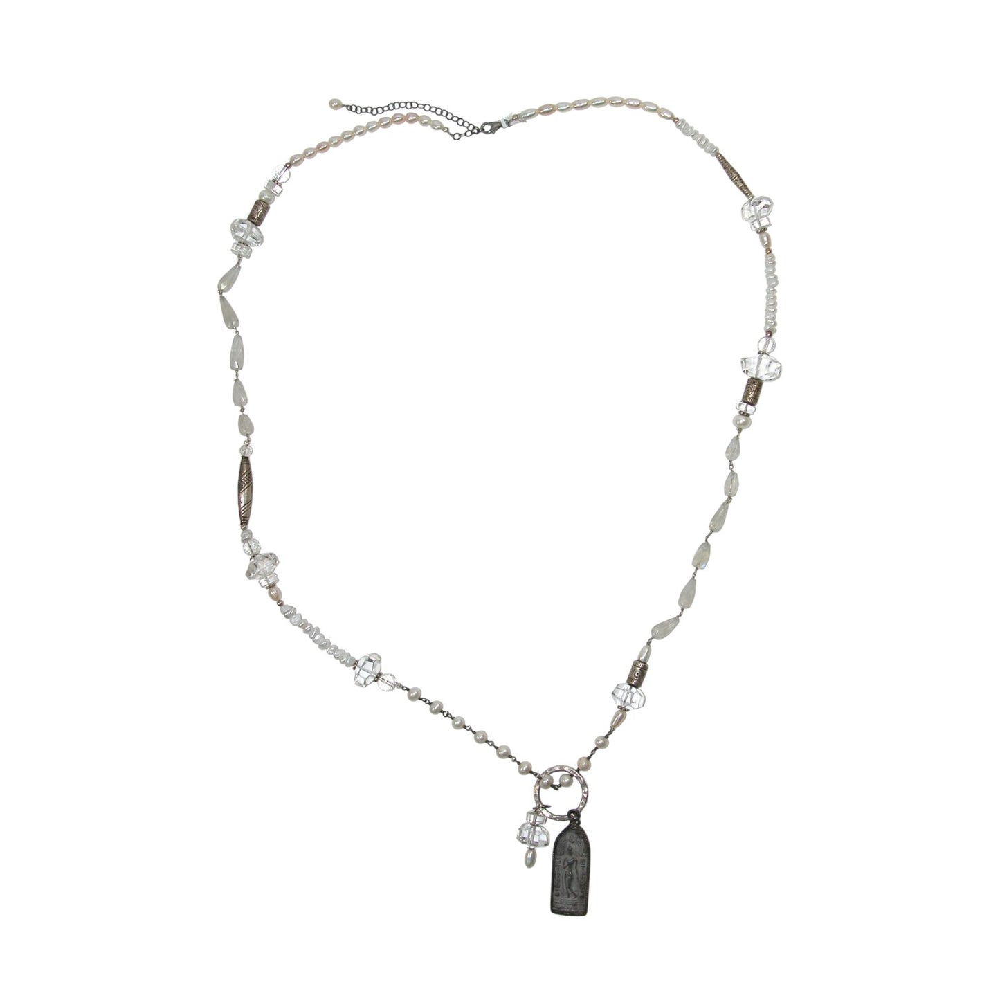 Freshwater Pearl, Crystal Buddha Beaded Sterling Silver Necklace