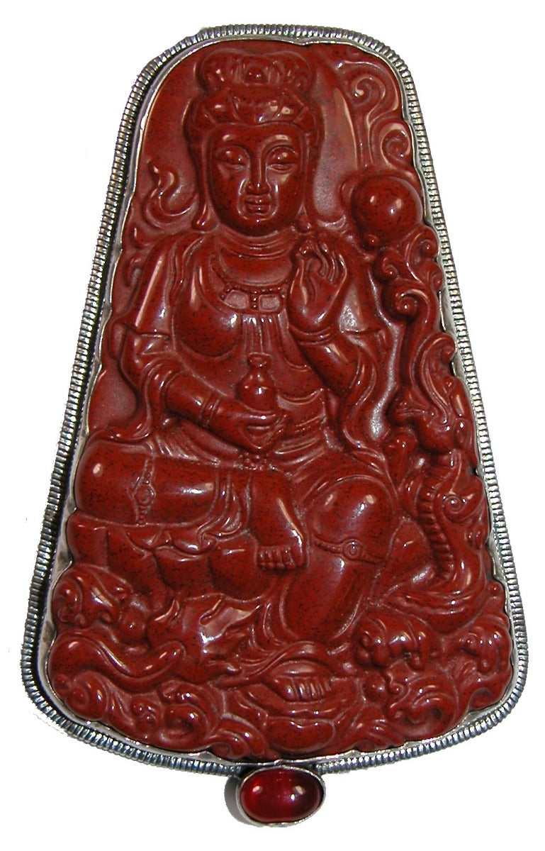 Carved Red Jasper Buddha Carnelian Sterling Silver Pin Pendant