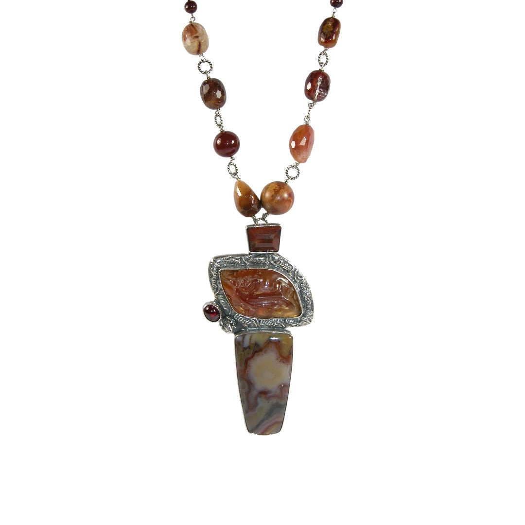 19001 Amber, Garnet, Agate, Jasper, Quartz Sterling Silver Beaded Necklace