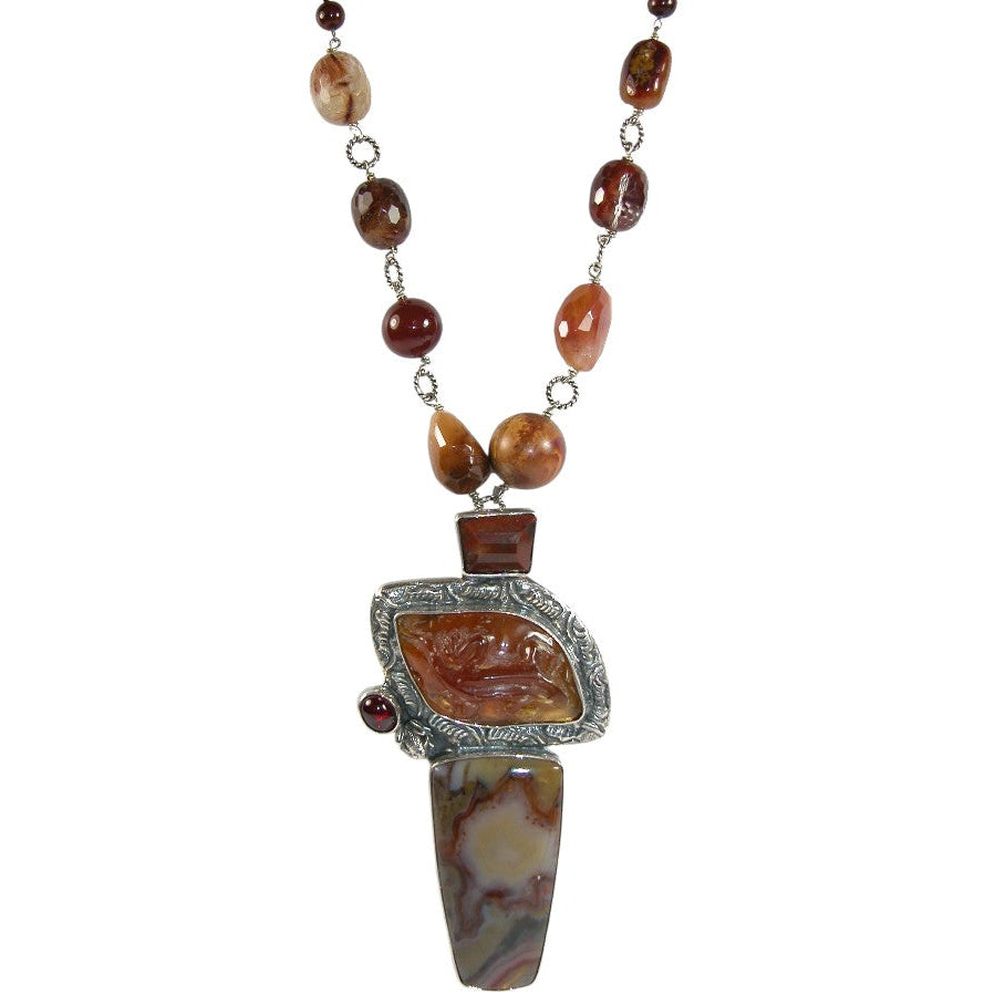 19001 Amber, Garnet, Agate, Jasper, Quartz Sterling Silver Beaded Necklace