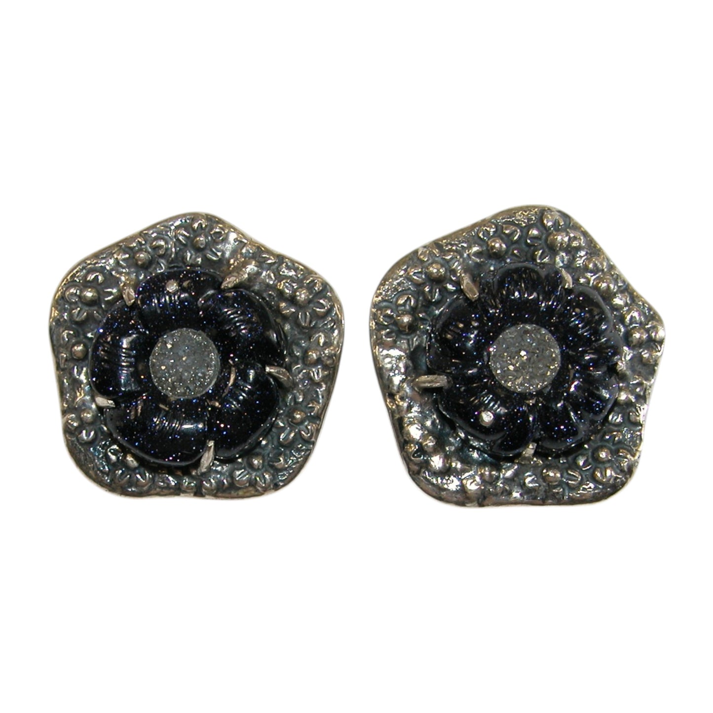 19002 Platinum Clad Drusy, Blue Carved Stone Sterling Silver Earrings