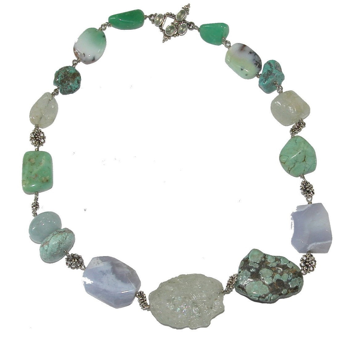 Morganite, Blue Lace Agate, Chrysoprase, Turquoise, Aquamarine Sterling Silver Necklace