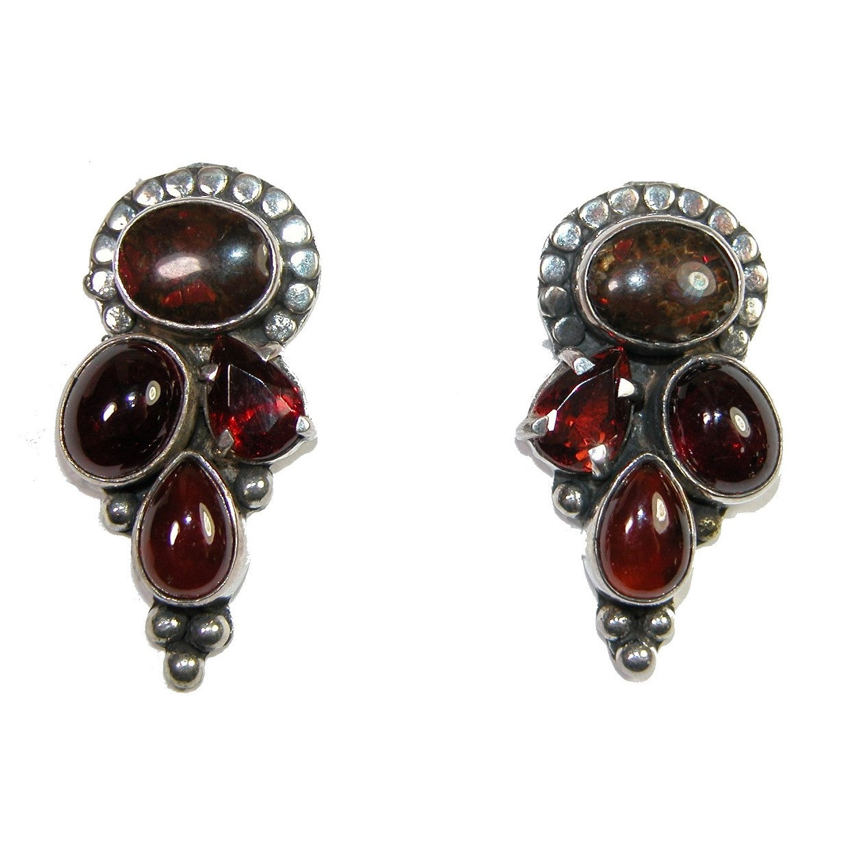 19027 Ammolite, Garnet, Hessonite Cluster Sterling Silver Earrings