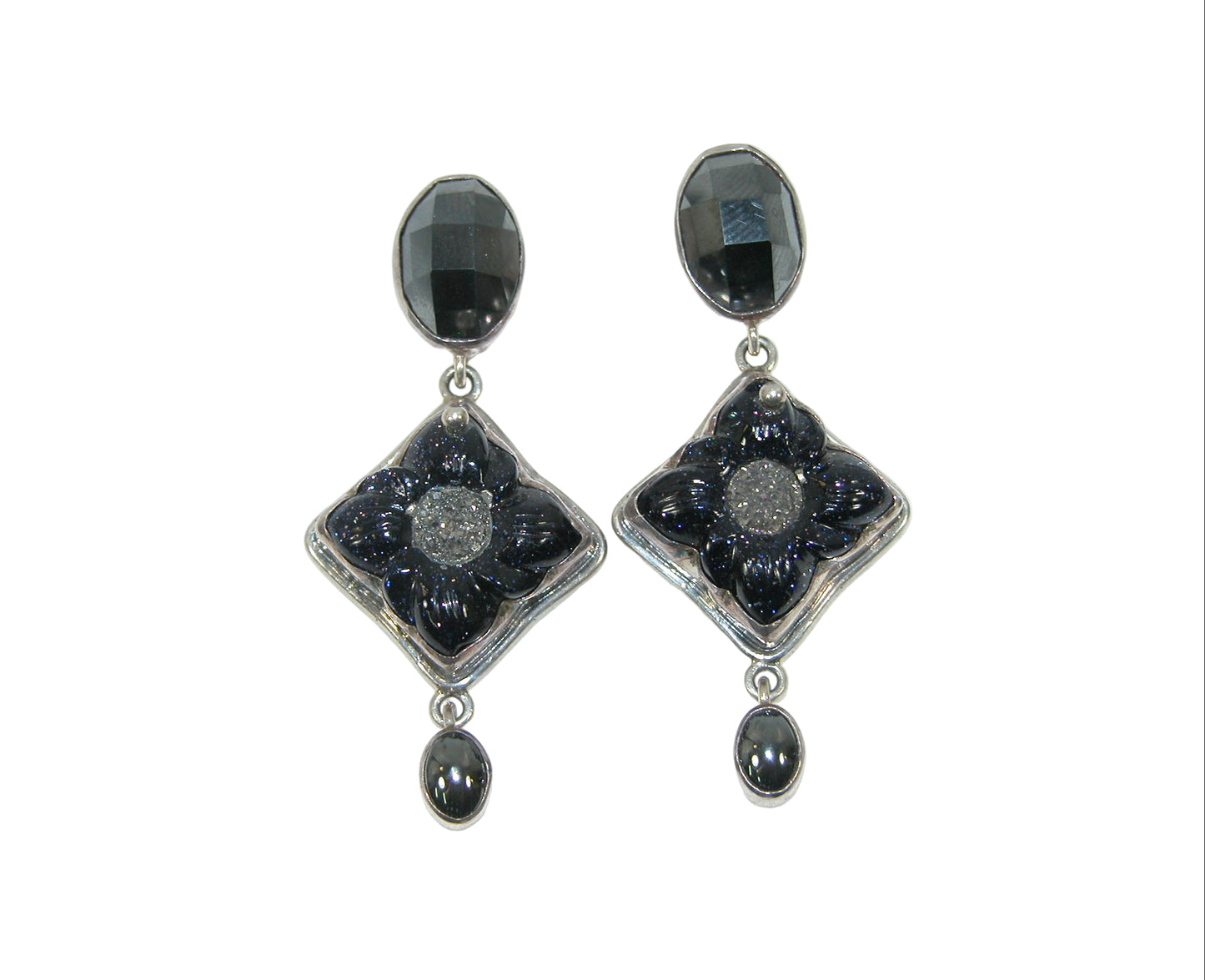 19064 Carved Flower, Druzy Agate, Hematite Sterling Silver Earrings