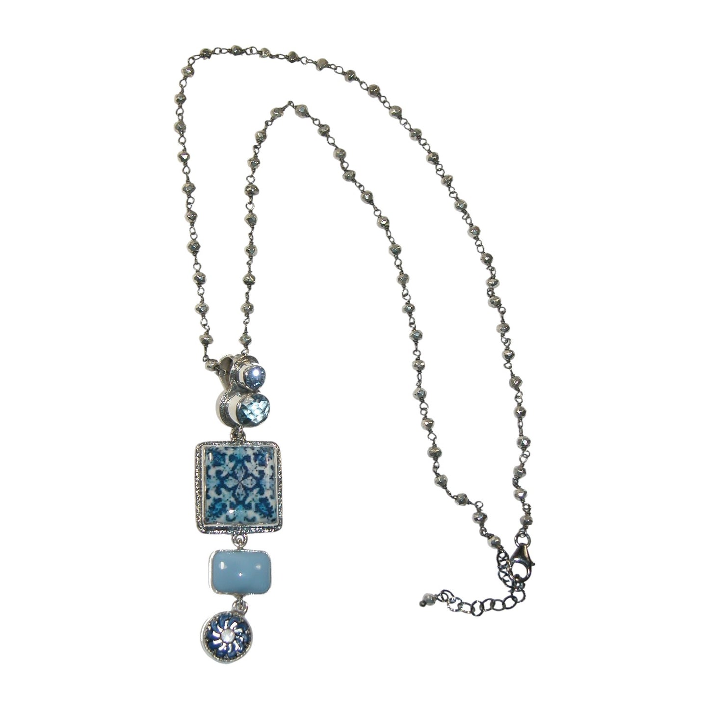 19065 Hand Made Tile Enamel Lapis, Peruvian Opal, Drusy, Topaz Sterling Silver Pendant Necklace
