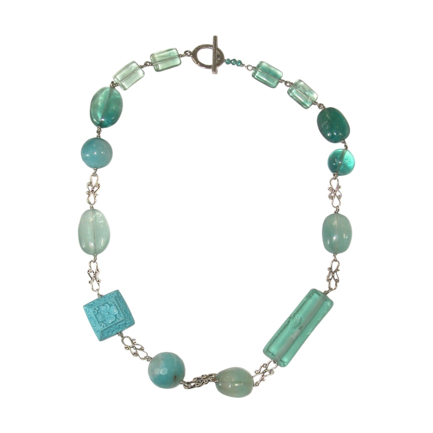 Apatite Amazonite Reconstituted Turquoise Blue Cinnabar Sterling Silver Toggle Clasp Necklace