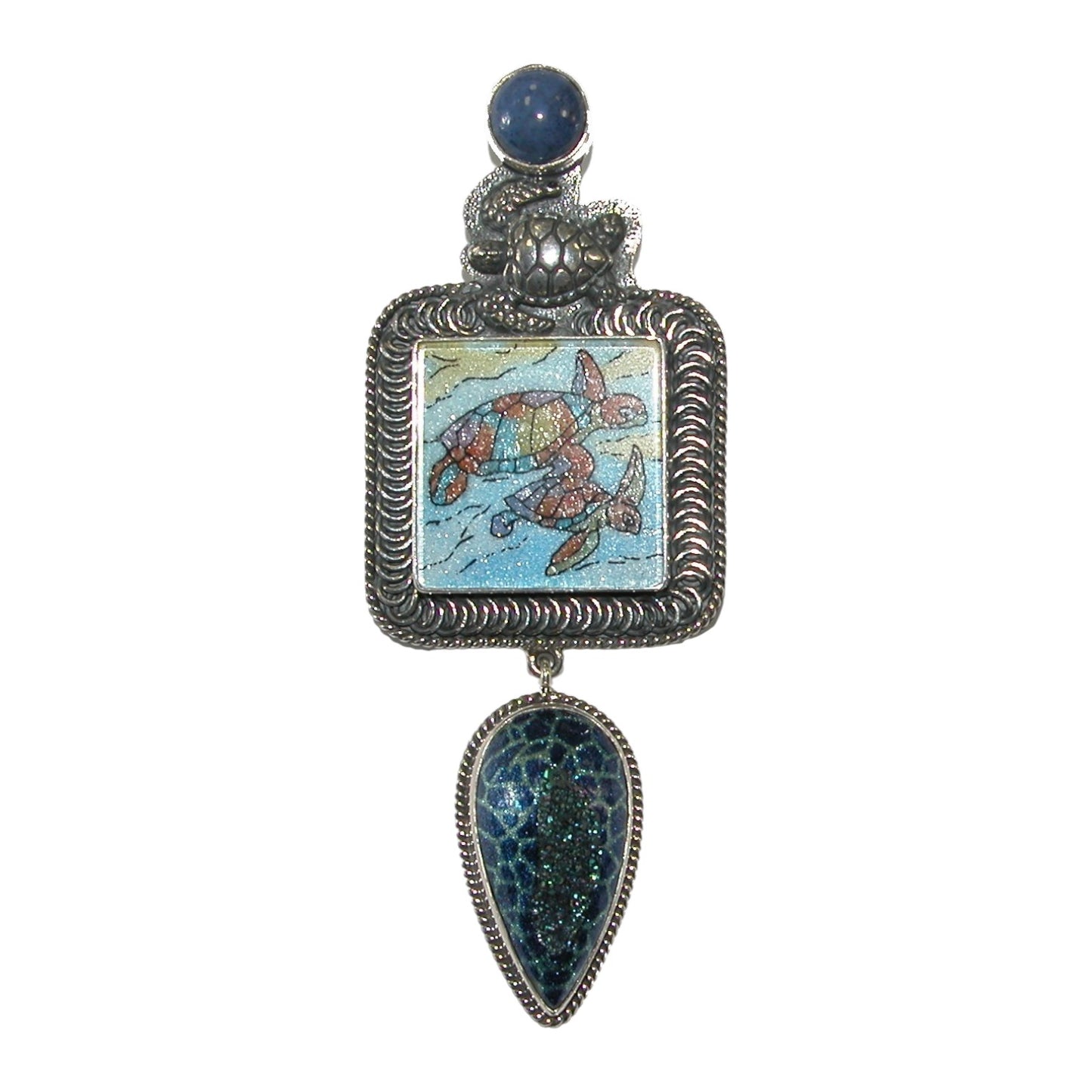 19164 Turtle Mosaic, Sodalite, Enamel Over Brazilian Agate Druzy Sterling Silver Pin Pendant