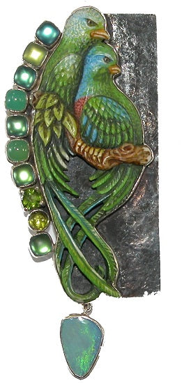 Carved Parrot Opal Peridot Quartz Pin Pendent