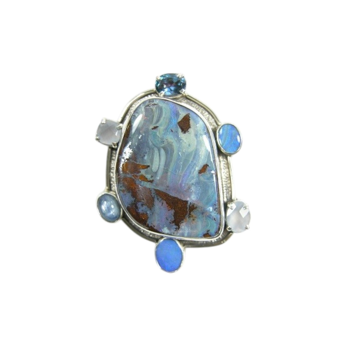 Boulder Opal, Chalcedony, Kyanite, Quartz Sterling Silver Pin and Pendant