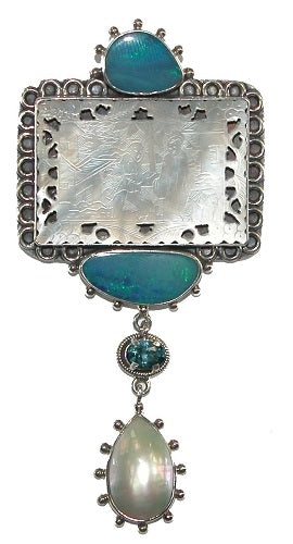 Antique Chinese Game Piece Boulder Opal Blue Topaz Mabe Pearl Sterling Silver
