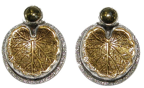 19318 Calico Pyrite Brass Geranium Leaf Sterling Silver Earrings
