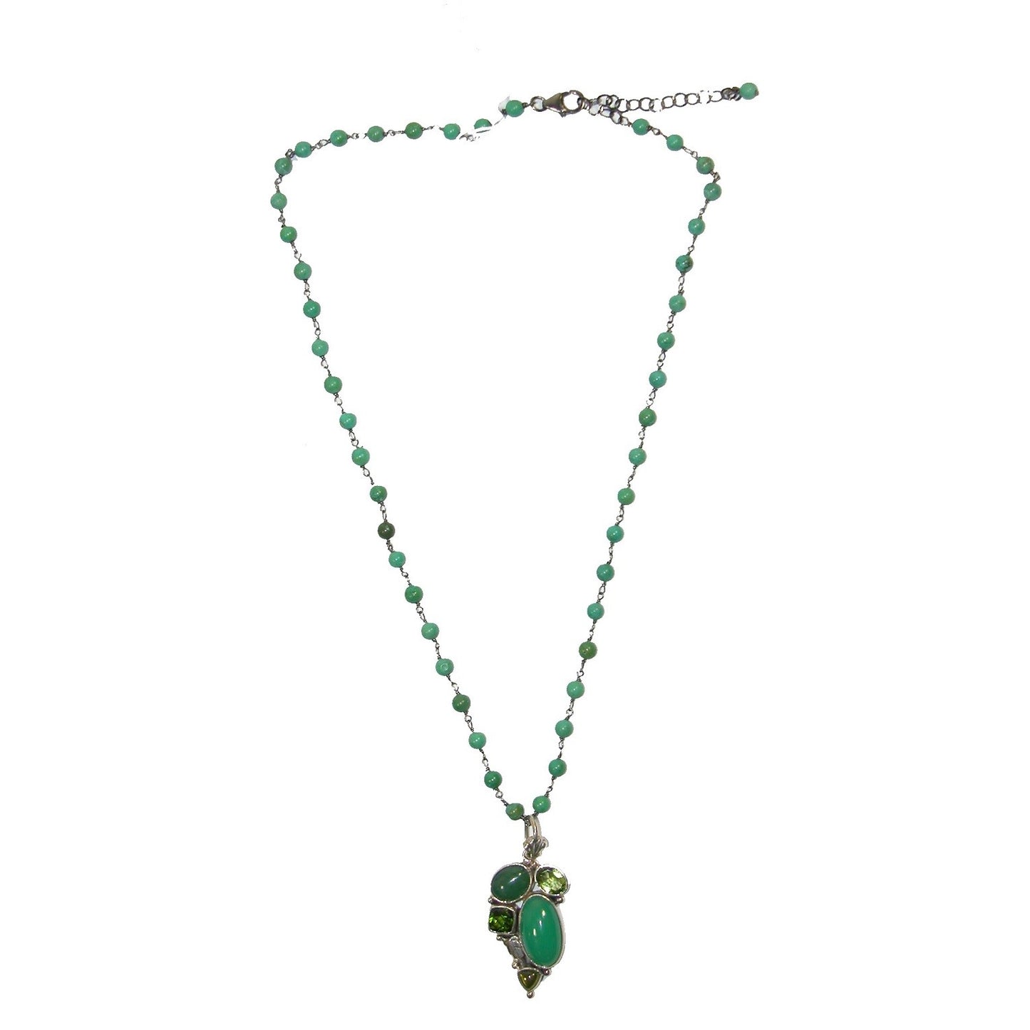 19366 Turquoise, Chrysoprase, Peridot, Chrome Diopside Cluster Sterling Silver Necklace