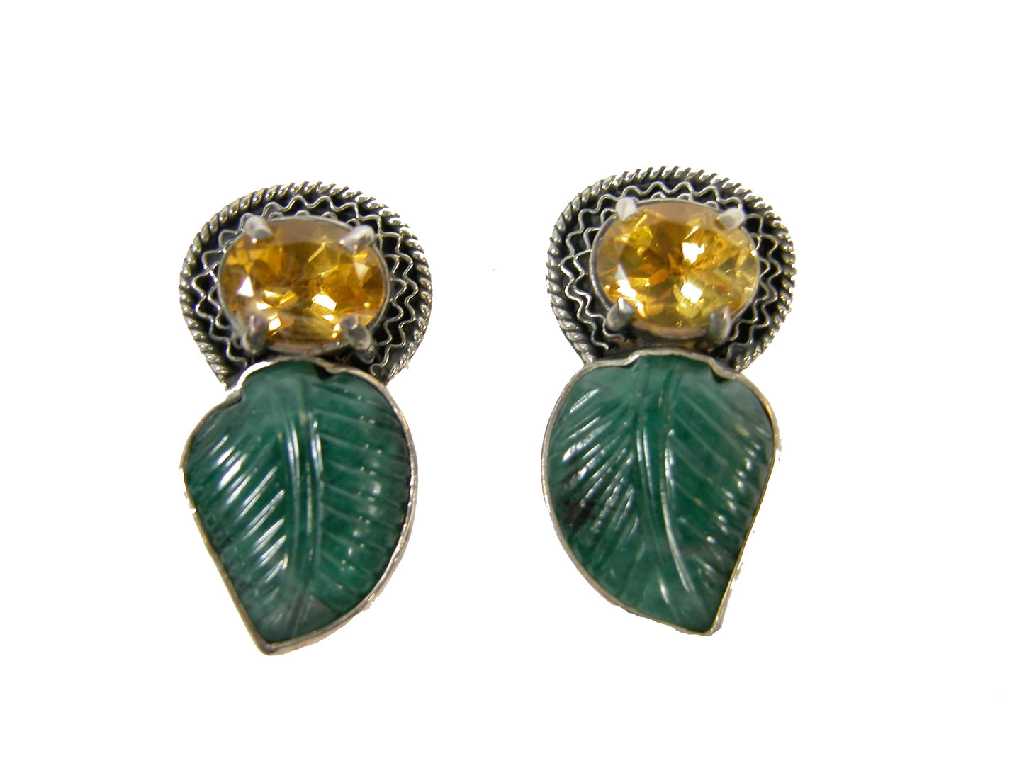 Citrine, Emerald Carved Leaf Sterling Silver Earrings