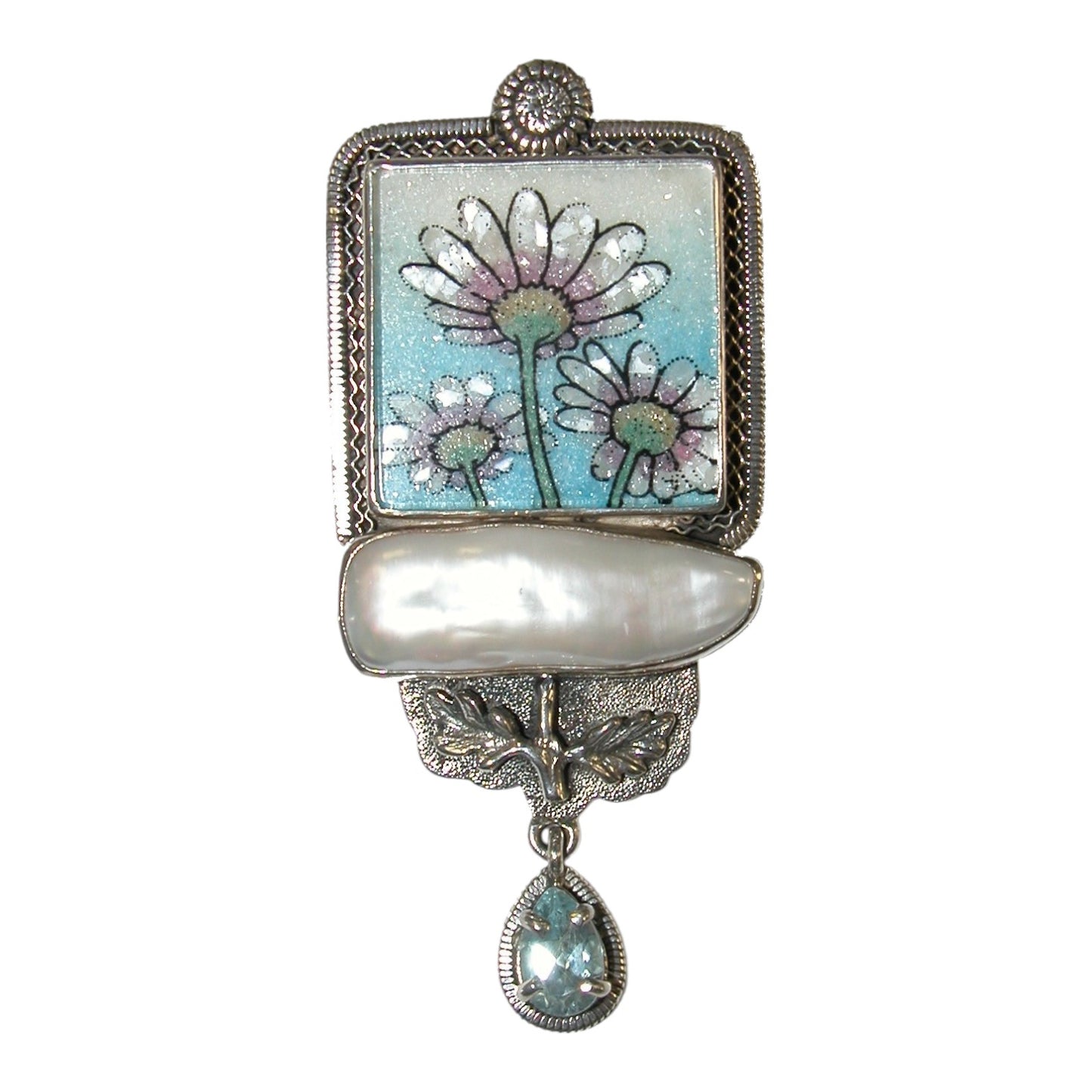 19410 Handmade Semi-Precious Flower Stone Mosaic Pin Pendant