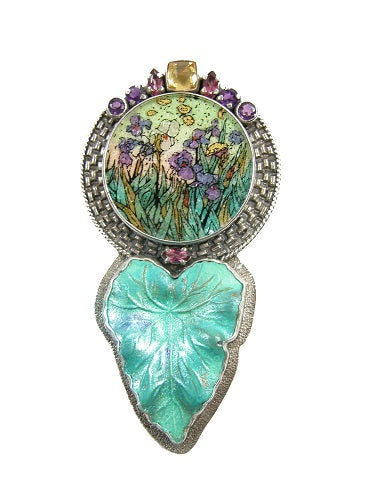 Gemstone Mosaic Iris Lotus Leaf Tourmaline Amethyst Garnet Quartz Sterling Silver Pin Pendant