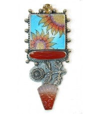 Gemstone Sunflower Mosaic Carnelian Sterling Silver Pin Pendant