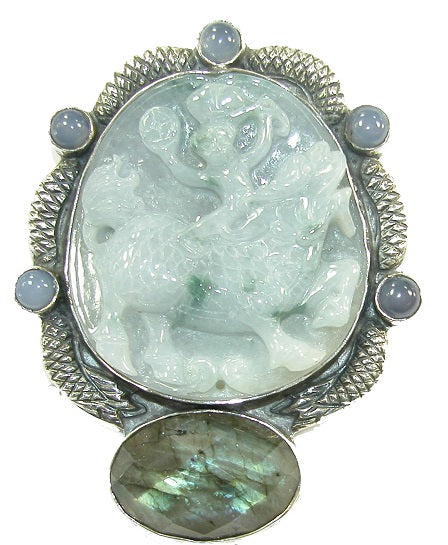 Hand Carved Lavender Jade Chalcedony Labradorite Pin Pendent