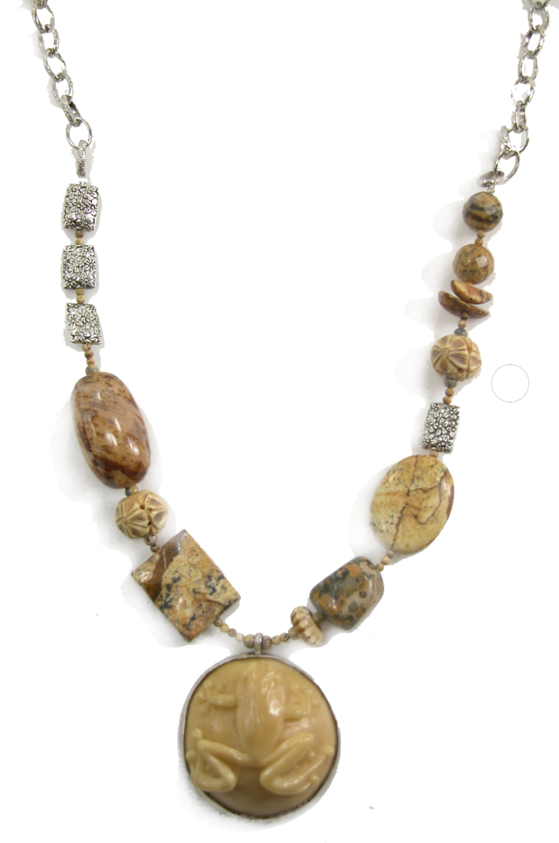 Hand Carved Frog Carved Bone Picture Jasper Necklace