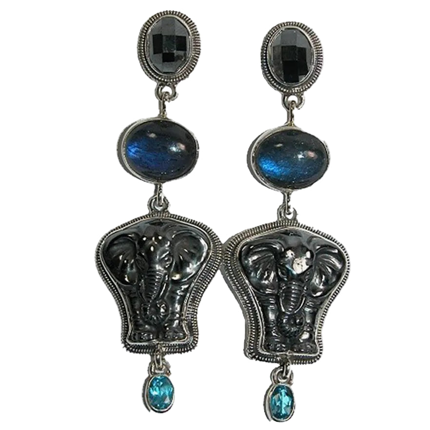 19626 Labradorite Elephant Blue Topaz Sterling Silver Earrings
