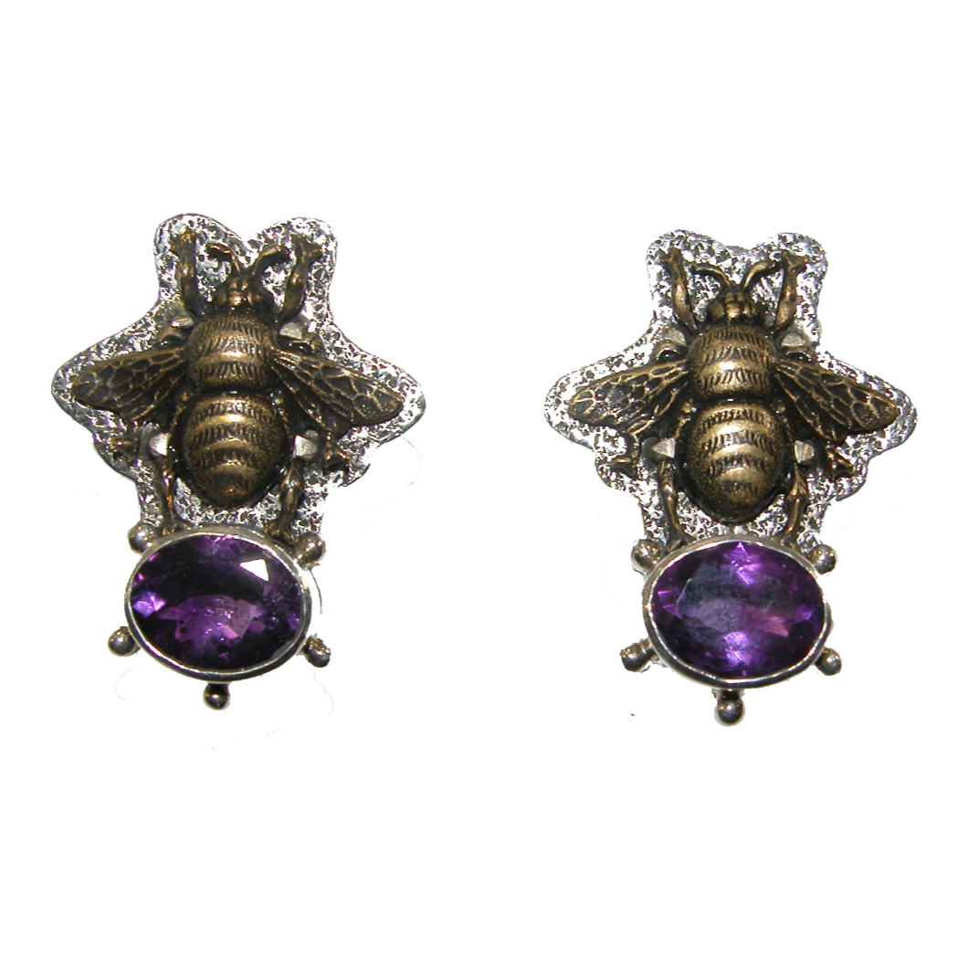 Brass Bumble Bee Amethyst Lever Back Earring