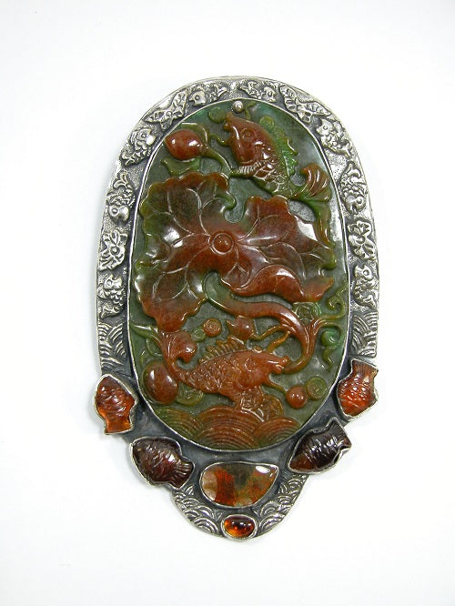 Hand Carved Jade Ammolite Sterling Silver Pin Pendant