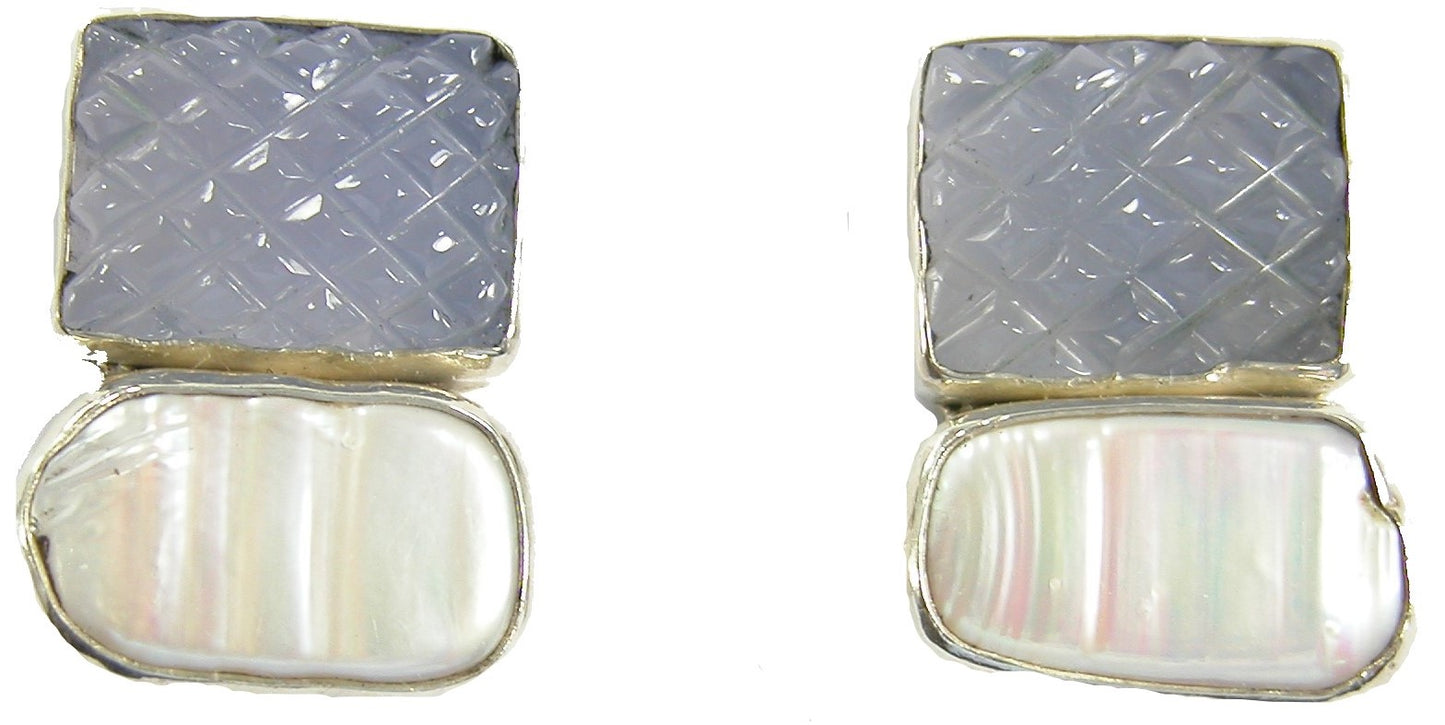Carved Chalcedony Freshwater Pearl Sterling Silver Earring