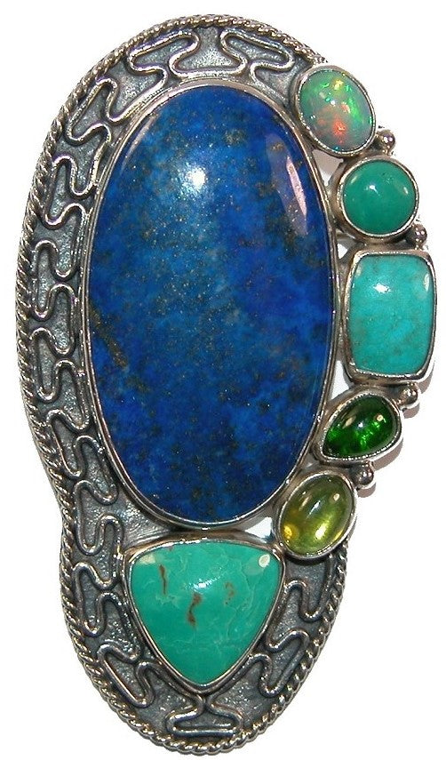 19941 Lapis Turquoise Opal Cluster Sterling Silver Pin and Pendant