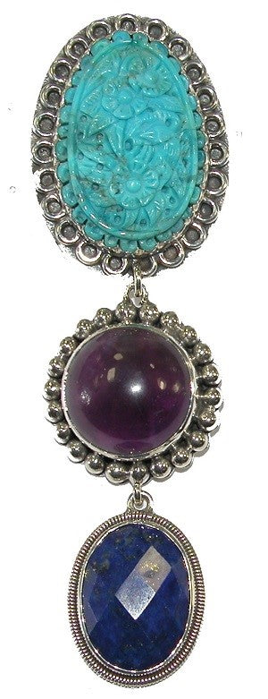 Carved Turquoise Sterling Silver Pin Pendant