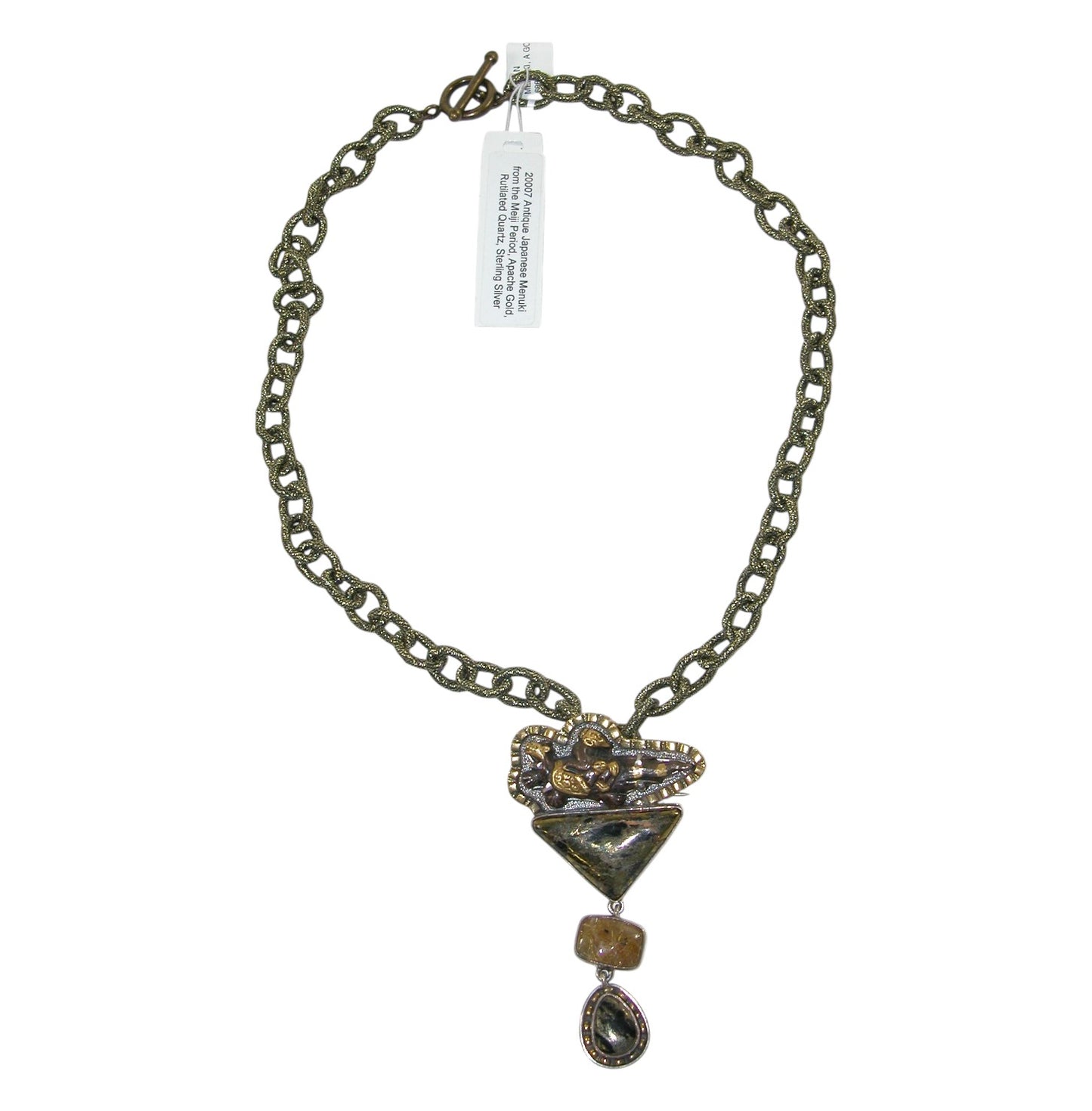 20007 Antique Japanese Menuki, Rutilated Quartz Apache Gold Sterling Silver Necklace